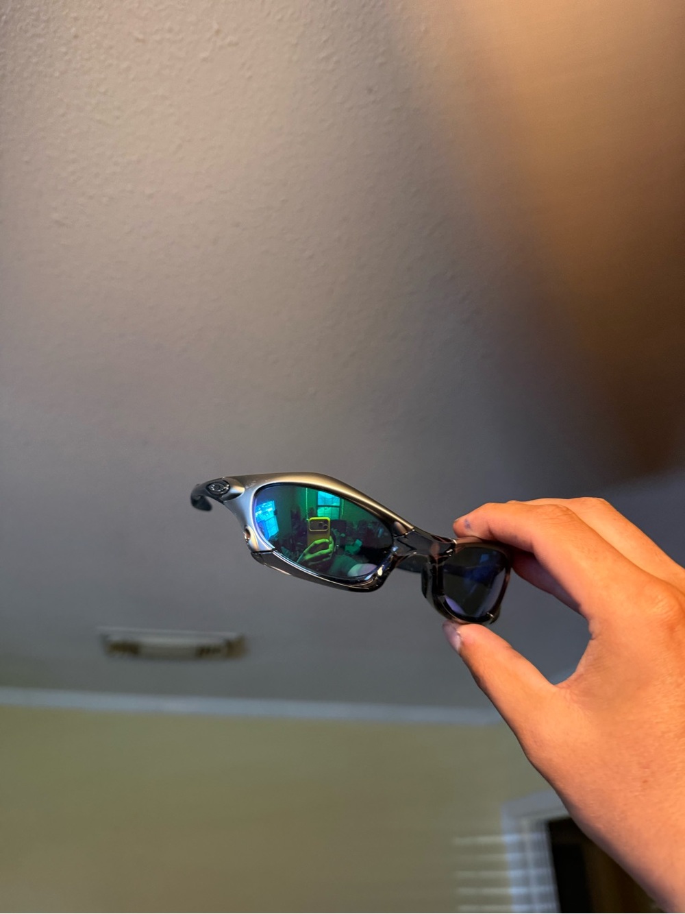 Oakley Black Frame Sunglasses with Green-Blue Mirrored Lenses oakkeys